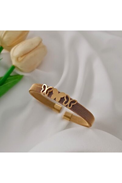 LENTE AKSESUAR Gold Color Steel Mesh Handcuff Bracelet with Triple Butterfly ...