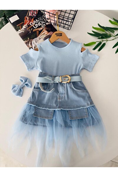 2bebek1butik Girls' Tulle Detail Denim Skirt and Blouse with Buckle Belt