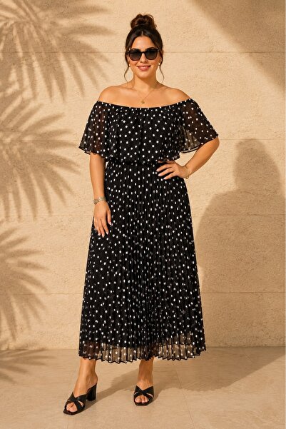 FOR ESRA BIG TREND Women's Plus Size Polka Dot Pattern Off Shoulder Pleated B...
