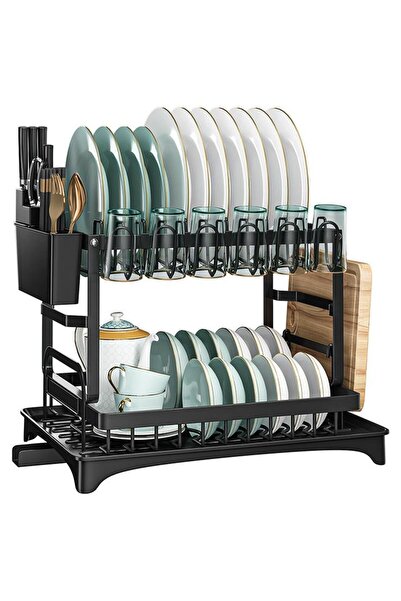 Generic 2 Tier Foldable Dish Drying Rack with Utensil Holder Cutting Board Ho...