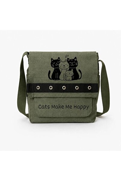 Minga London Cat Printed Khaki Eyelet Messenger Bag