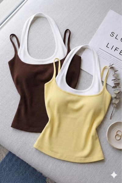 ÖZ PAMUK Pack of 2 Women's Halter Neck Double Color Soft Blouse Undershirt