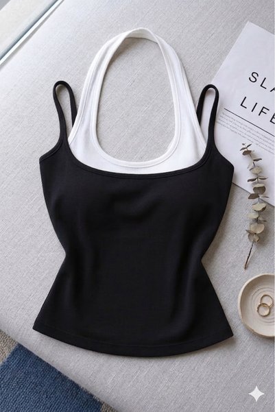 ÖZ PAMUK Pack of 2 Women's Halter Neck Double Color Soft Blouse Undershirt