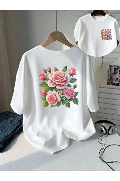 LELVANİ Women's Pink Rose Printed Crew Neck T-Shirt