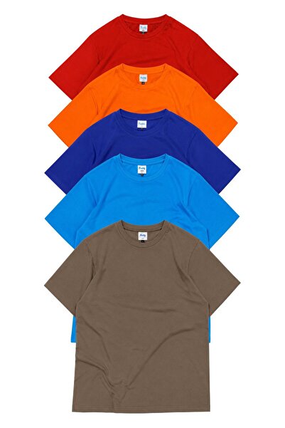 Fuddy Moda Pack of 5 Unisex Regular Fit Crew Neck T-Shirts (Red Orange Brown ...