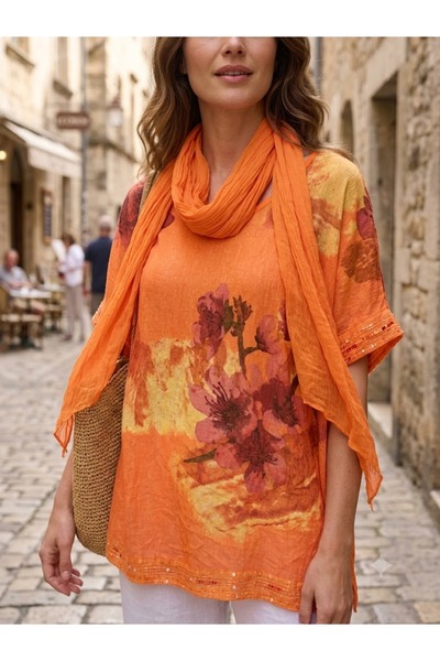AYASOFYA OTANTIK Women's Italian Daffodil Floral Patterned Sleeve and Hem Fri...