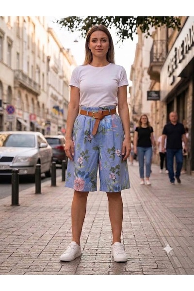 AYASOFYA OTANTIK Women's Italian Elastic Waist Floral Patterned Belted Capri ...