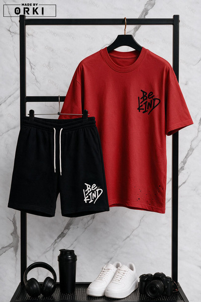 EFFRENATU Be Kind Printed Cotton Fabric Men's Black T-Shirt-Shorts Set