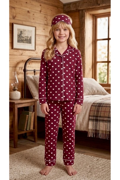Enie Set de pijamale din bumbac bordeaux cu model inimioare pentru mamă și fi...