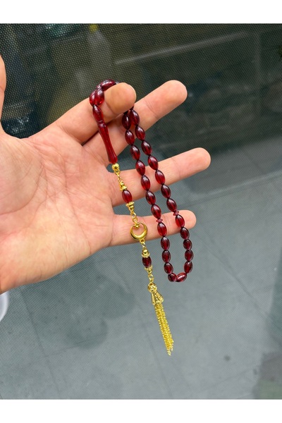 tesbihciniz سبحة من حجر العنبر الأحمر المقطوع على شكل نجمة وهلال مع شراشيب