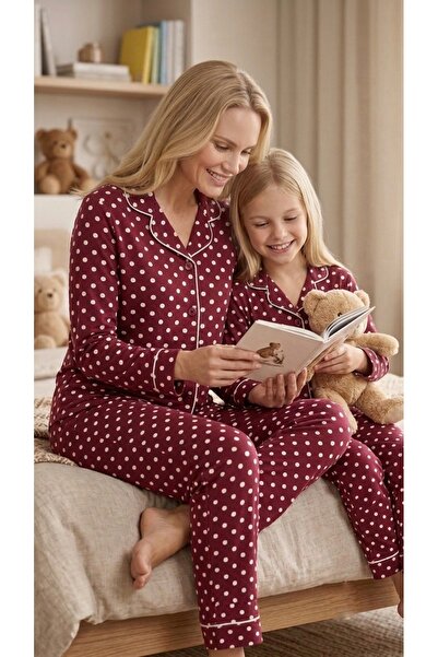 Enie Mother-Daughter Burgundy Cotton Polka Dot Patterned Sleepwear Set with S...