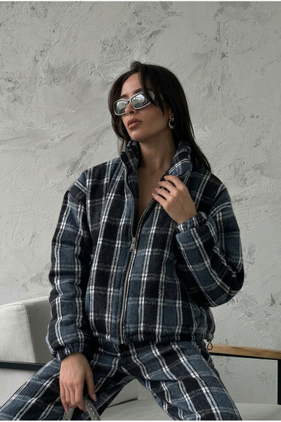 MQ Winter Set, Velvet Pajamas, Two-Piece, Checkered Jacket, Wide-Leg Pants, W...