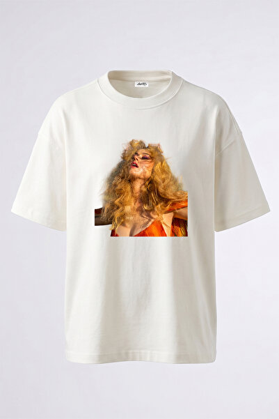 Anetos Sari Dalgali Sac Design Printed Oversize White T-Shirt