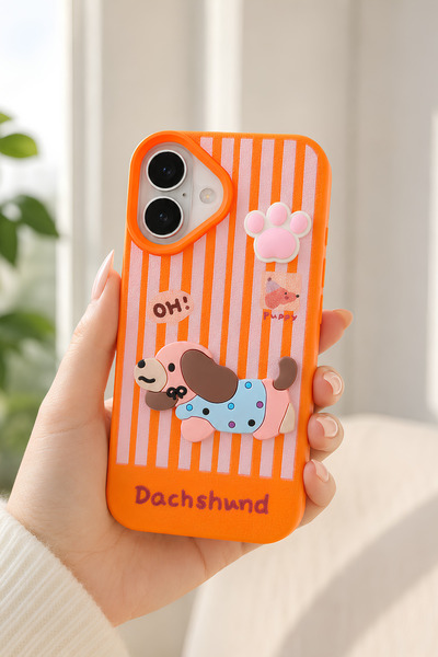 QUSCHU iPhone 16 Plus Compatible 3D Dachshund Dog Figured Striped Silicone Phone Case