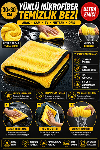 Hane Dostu Yünlü Mikrofiber Araç Kurulama ve Temizlik Bezi 30x30 Cm Oto Cam P...