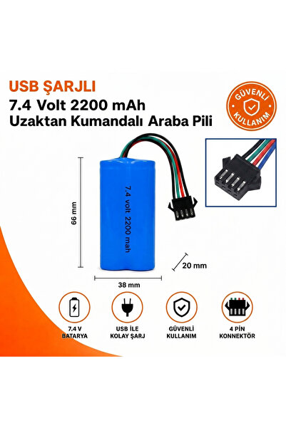 MAMSHOP 1 Adet 7.4 volt 2200 Mah 18650 Li-ion JSTSM 4P Siyah 4 pin Soketli Oy...