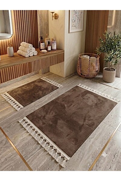 DECORA CASA HOME COLLECTİON 2-Piece Tasseled Bath Mat Set 60X110/60X50 Non-Sl...