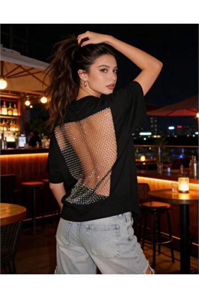 DEEFWEAR Kadın Siyah Oversize Taş İşlemeli Sırt Detaylı Tişört Y2K Streetwear...