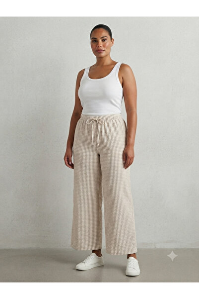 Modella Life Women's Elastic Waist Striped Linen Trousers with Pockets Loose ...