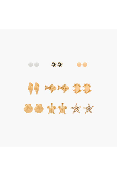 Lifestyle Pack of 9 Metallic Stud Earrings with Pushback Closure