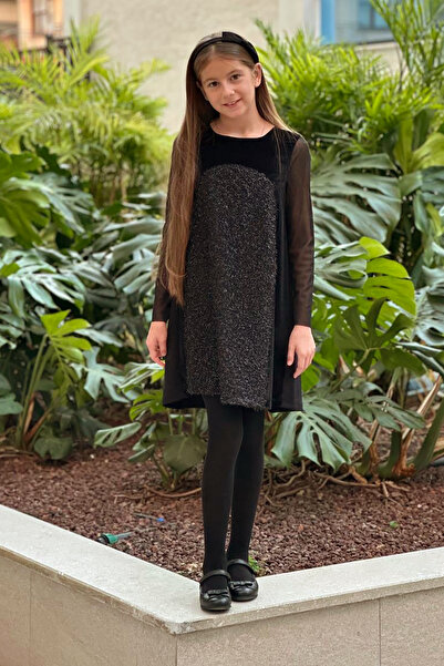 SheShe Long Tulle Sleeves Black Velvet Girls Dress with Tassel Detail