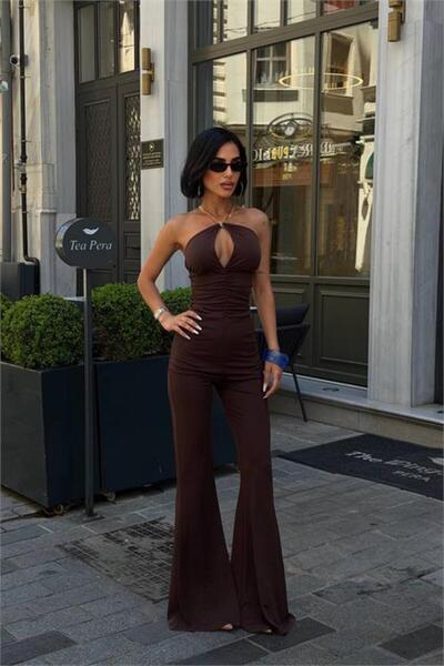 Neşeli Butik Γυναικεία καφέ ολόσωμη φόρμα με λαιμόκοψη halter, λουράκι αλυσίδ...