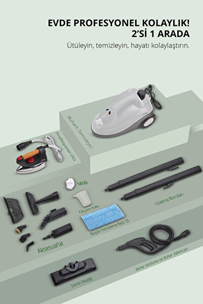 Kiwi Kazanlı Ütüye Dönüşebilen Buharlı Temizleyici, Ksc 4218, 2000W / ml, 15 aksesuar