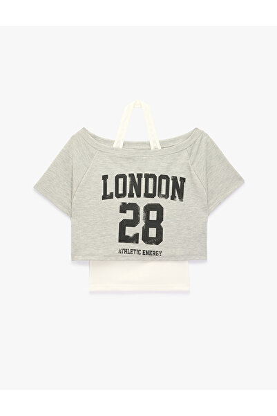 Koton Modal Blend Off-Shoulder Layered Short Sleeve Printed Crop T-Shirt