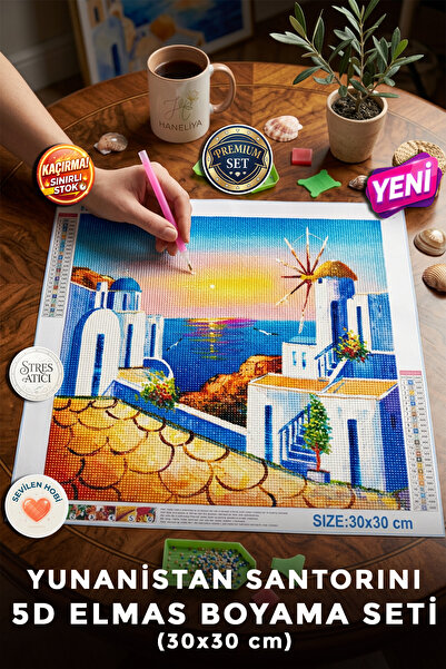 Haneliya Yunanistan Santorini - 5D Diamond Painting - Elmas Mozaik Tablo Boya...