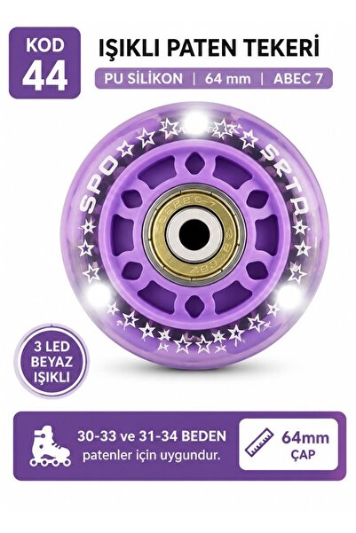 Sportaj 64 mm Beyaz Led Işıklı Lila Paten Tekeri PU Silikon Abec 7 Rulmanlı KOD 44