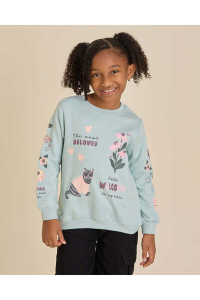 REDTAG Girls Teal Cat Glitter Print Sweatshirt