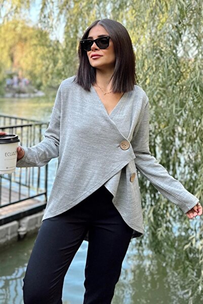Moda4x4 ملابس نسائية بلون رمادي، تصميم غير متماثل، بأزرار، بلوزة كارديجان فضفاضة