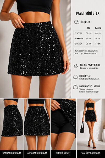 ELİTE PRENSES VELOURA Sequin Mini Skirt with Shorts Inside Women's High Waist...