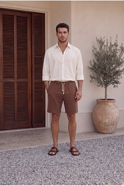 Quanlex Men's Muslin Fabric Look Woven Shorts Summer Efil Efil with Back Pockets