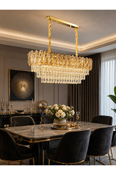 Led YENİ MODEL OVAL LÜX SALON AVİZE GOLD RENK İTHAL KASA
