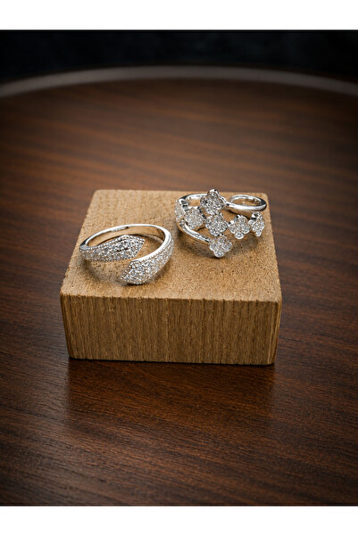 stainles steel Two Luxurious and Elegant Silver Rings Adorned with Rhinestone...