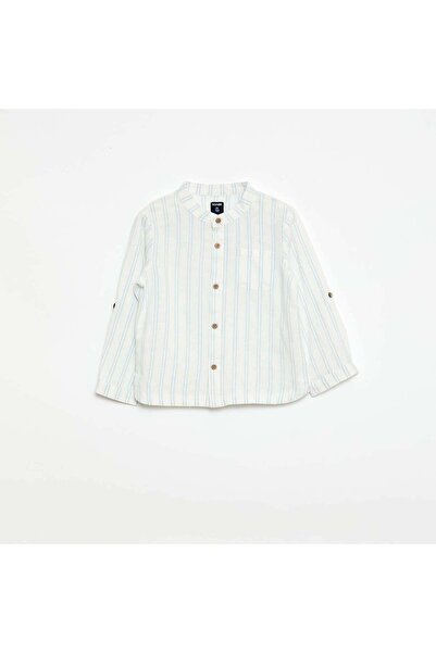 KIABI Mandarin Collar Shirt with Roll-Up Sleeves WHITE