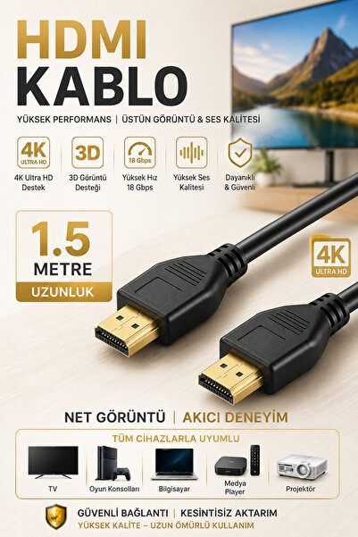 Kontorland HDMI 1.5 Metre 4K Ultra HD 60Hz 18Gbps HD TV PS5 Xbox Bilgisayar M...