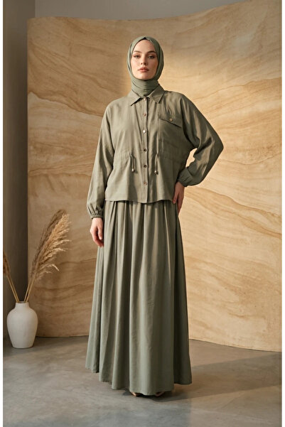 sefamerve Waist-Tied Buttoned Tunic Skirt Double Set 0318-03 Khaki