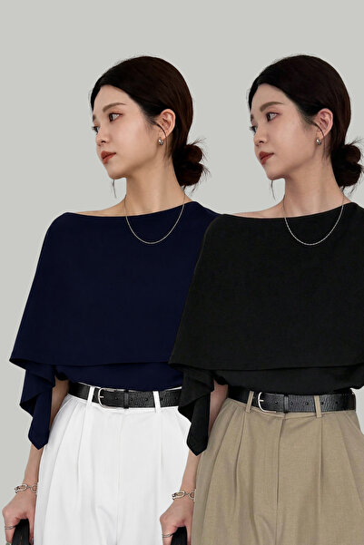 COOL TARZ Women's Set of 2 Black Navy Blue Boat Neck Cape Detailed Loose Cut ...