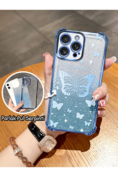 CASEVIBE iPhone 16 Pro Max Uyumlu Simli kelebekli dört köşe korumalı şık kılıf
