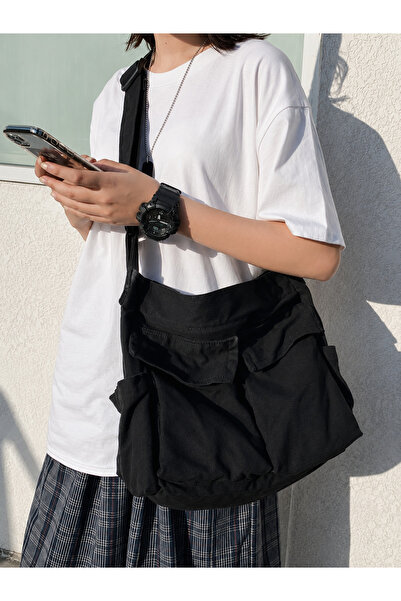 harmony factory Women's Black Canvas Messenger Bag with Double Pockets and Ad...