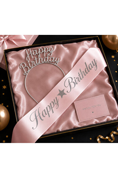Dizayn Parti Evi Happy Birthday Gümüş Taç ve Pembe Saten Kuşak Seti – Bekarlı...