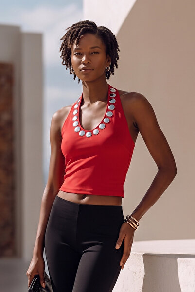 BARRELS AND OIL Women's Metallic Detailed Halter Neck Blouse - Red