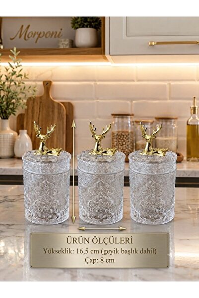 Senin Dükkanın 3-Piece Gold Detailed Deer Glass Spice and Sugar Bowl Set - Countertop Kitchen Organizer Msd0623