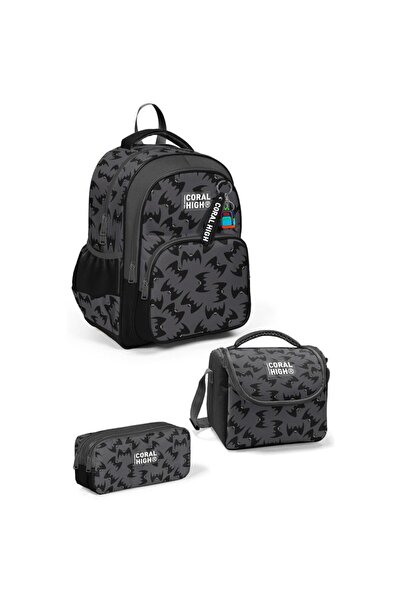 Coral High Kids Gray Black Bat Patterned 3-Piece School Bag Set 33244