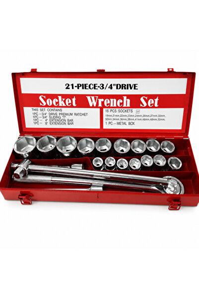Generic Brand 21-Piece 3/4" Drive Socket Wrench Set with Red Metal Storage Case