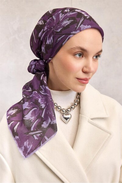 Silk Home Cotton Polyester Scarf Purple Large Daisy Patterned Soft Textured N...