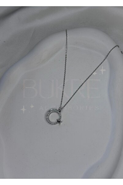 stainles steel Paslanmaz Çelik Silver Zirkon Taşlı Ay Yıldız Kolye