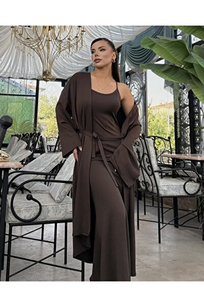 femmes fraiches Dolce Acı Brown Strap Dress Set
